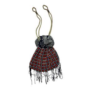 Vintage 1960s Red & Black Blue Beaded Drawstring Pouch Bag Purse